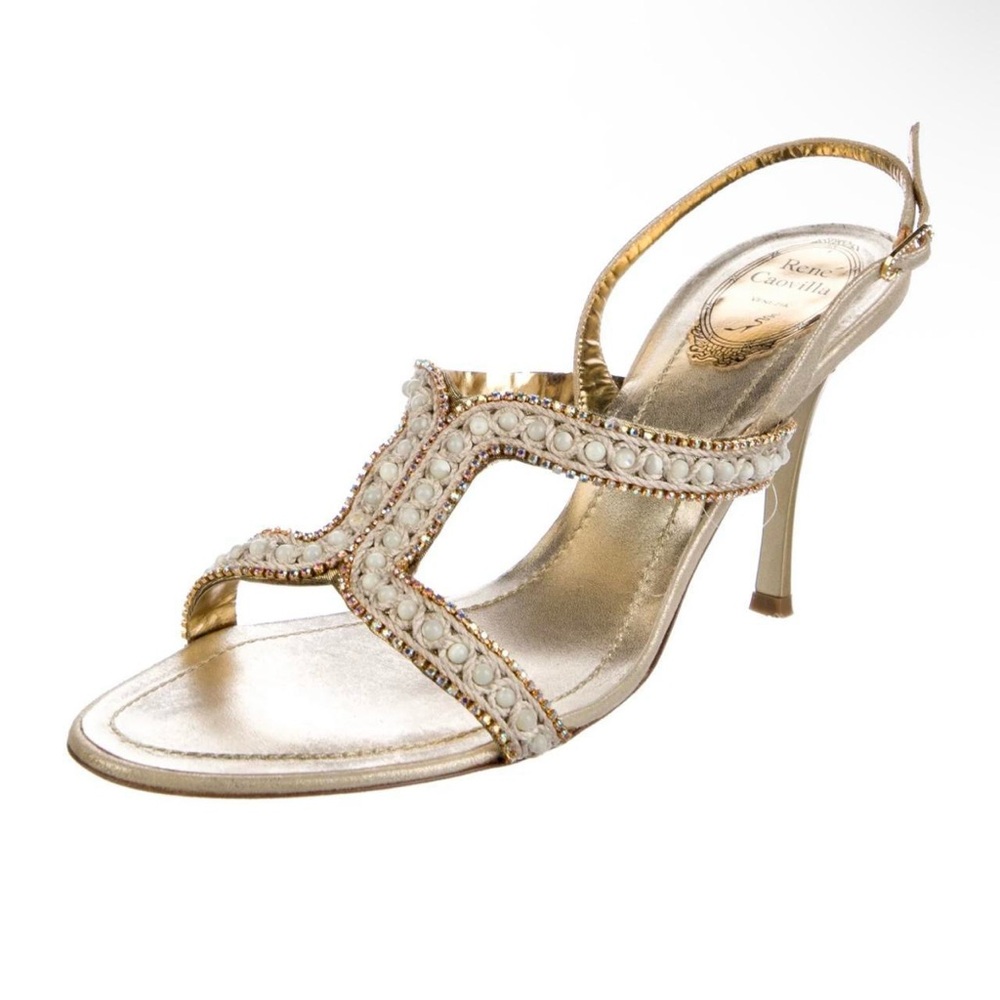 Rene Caovilla Gold Embellished Slingback Heels